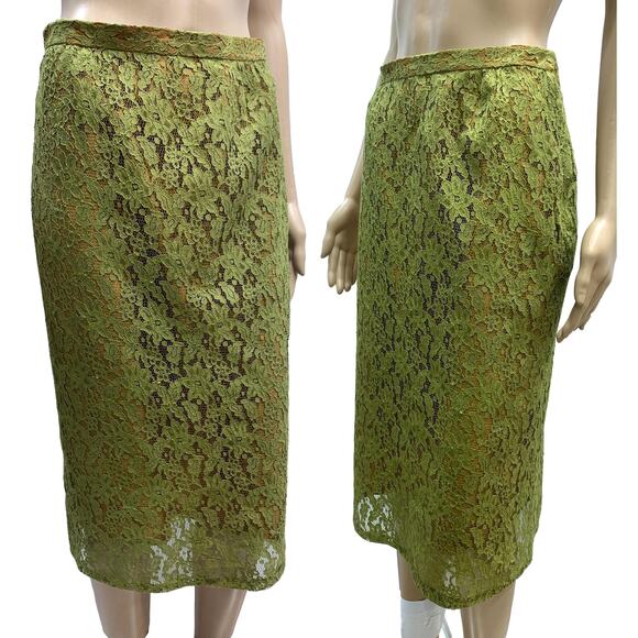 50s 60s Rockabilly Chartreuse LACE Pencil Skirt W 27" - Picture 3 of 9